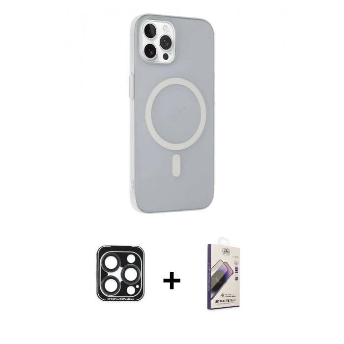 MARSİLYAN™- iPhone 15 Pro Max Kılıf Çekirdek Modern Prime - Siyah Bilvis 3D Mat Cam Ekran Koruyucu + PVD Metal Kamera Lens - LT