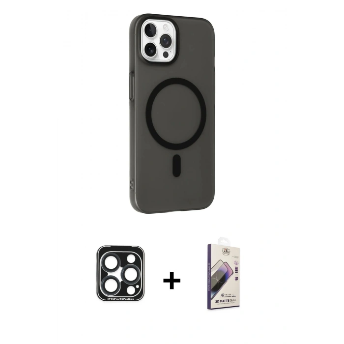 MARSİLYAN™- iPhone 15 Pro Max Kılıf Çekirdek Modern Prime - Siyah Bilvis 3D Mat Cam Ekran Koruyucu + PVD Metal Kamera Lens - LT