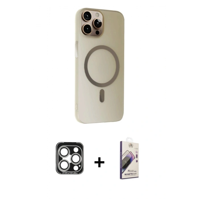 MARSİLYAN™- iPhone 15 Pro Max Kılıf Çekirdek Modern Prime - Siyah Bilvis 3D Mat Cam Ekran Koruyucu + PVD Metal Kamera Lens - GS