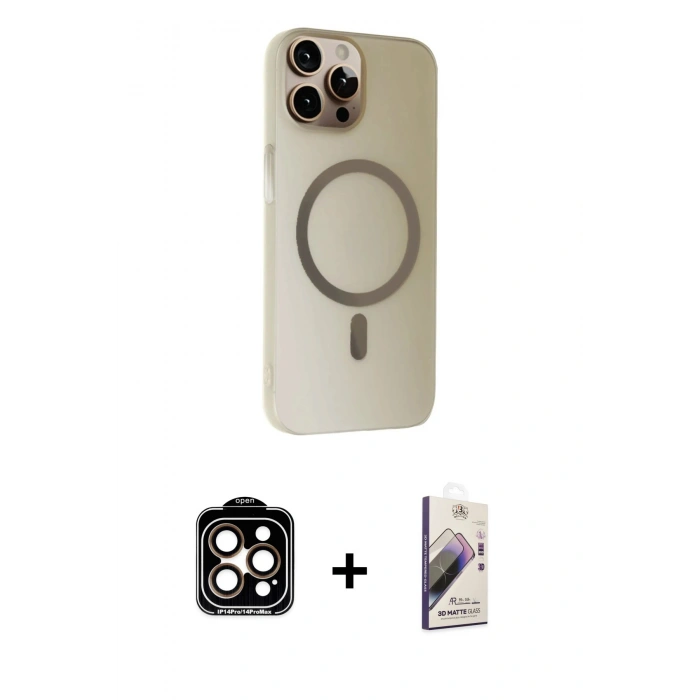 MARSİLYAN™- iPhone 15 Pro Max Kılıf Çekirdek Modern Prime - Siyah Bilvis 3D Mat Cam Ekran Koruyucu + PVD Metal Kamera Lens - TU