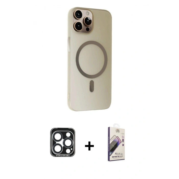 MARSİLYAN™- iPhone 15 Pro Max Kılıf Çekirdek Modern Prime - Siyah Bilvis 3D Mat Cam Ekran Koruyucu + PVD Metal Kamera Lens - LT