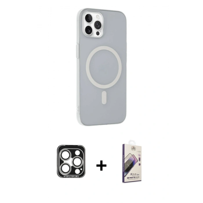 MARSİLYAN™- iPhone 15 Pro Max Kılıf Çekirdek Modern Prime - Siyah Bilvis 3D Mat Cam Ekran Koruyucu + PVD Metal Kamera Lens - GS
