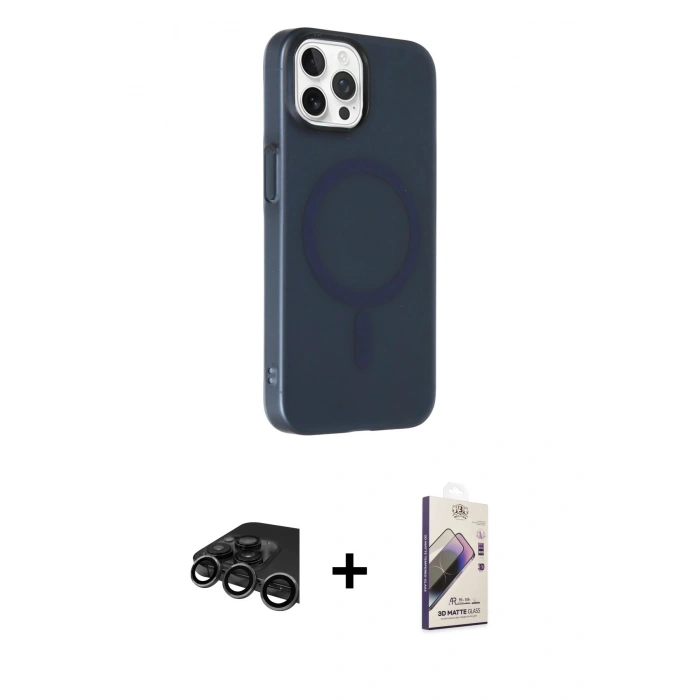 MARSİLYAN™- iPhone 15 Pro Max Kılıf Çekirdek Modern Prime - Siyah Bilvis 3D Mat Cam Ekran Koruyucu + Raze Metal Kamera Lens - TMGI