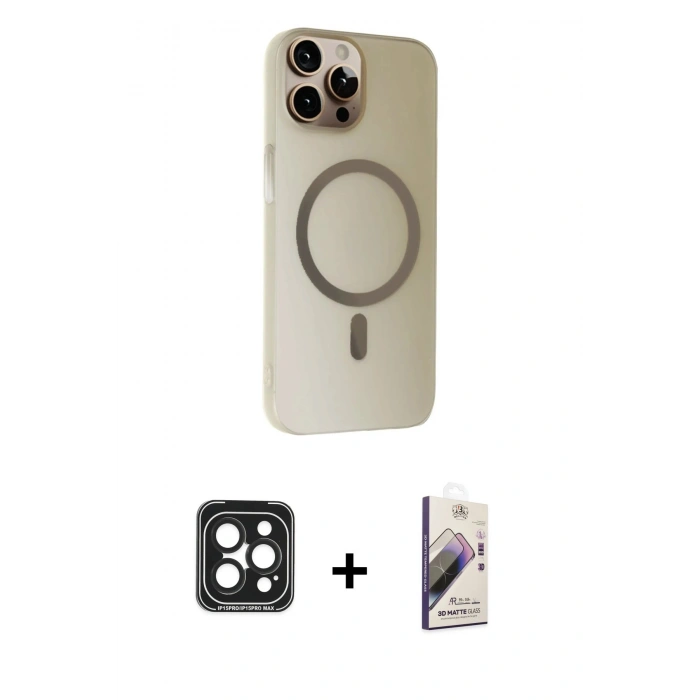 MARSİLYAN™- iPhone 15 Pro Max Kılıf Çekirdek Modern Prime - Siyah Bilvis 3D Mat Cam Ekran Koruyucu + PVD Metal Kamera Lens - SH