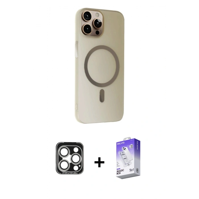 MARSİLYAN™- iPhone 15 Pro Max Kılıf Çekirdek Modern Prime - Siyah Bilvis 5in1 3D Magic Cam Ekran Koruyucu + PVD Metal Kamera Lens - GS
