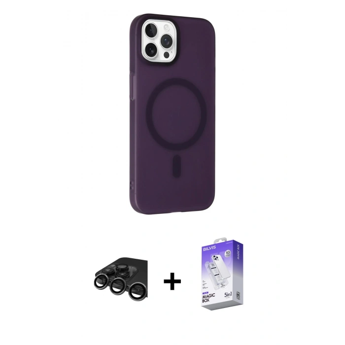MARSİLYAN™- iPhone 15 Pro Max Kılıf Çekirdek Modern Prime - Siyah Bilvis 5in1 3D Magic Cam Ekran Koruyucu + Titanyum Gri Raze Metal Kamera Lens