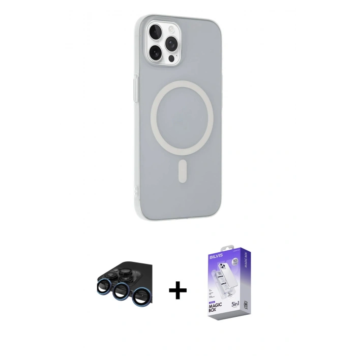 MARSİLYAN™- iPhone 15 Pro Max Kılıf Çekirdek Modern Prime - Siyah Bilvis 5in1 3D Magic Cam Ekran Koruyucu + Raze Metal Kamera Lens - LT