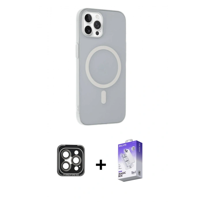 MARSİLYAN™- iPhone 15 Pro Max Kılıf Çekirdek Modern Prime - Siyah Bilvis 5in1 3D Magic Cam Ekran Koruyucu + PVD Metal Kamera Lens - GI