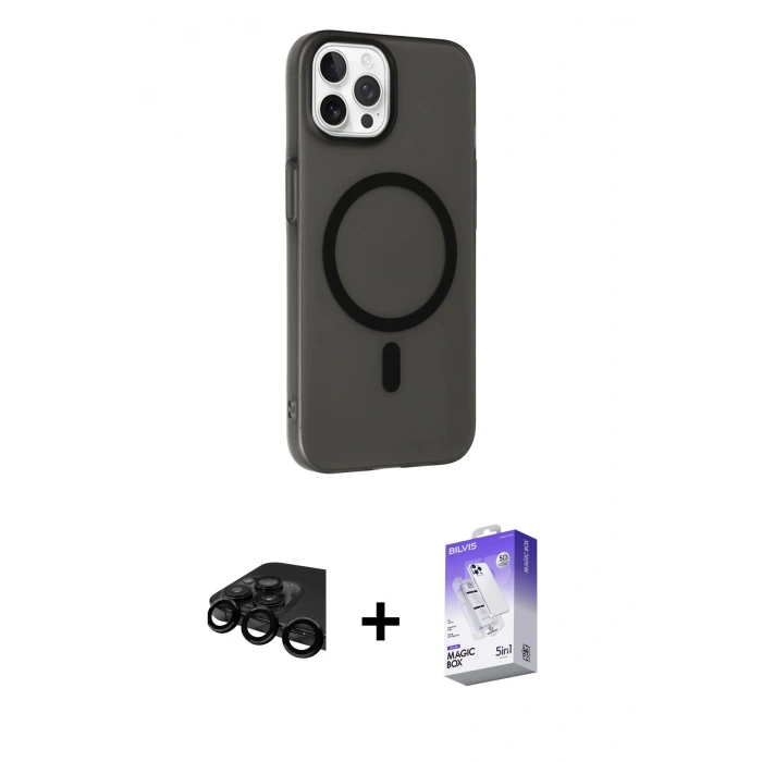 MARSİLYAN™- iPhone 15 Pro Max Kılıf Çekirdek Modern Prime - Siyah Bilvis 5in1 3D Magic Cam Ekran Koruyucu + Raze Metal Kamera Lens - SH