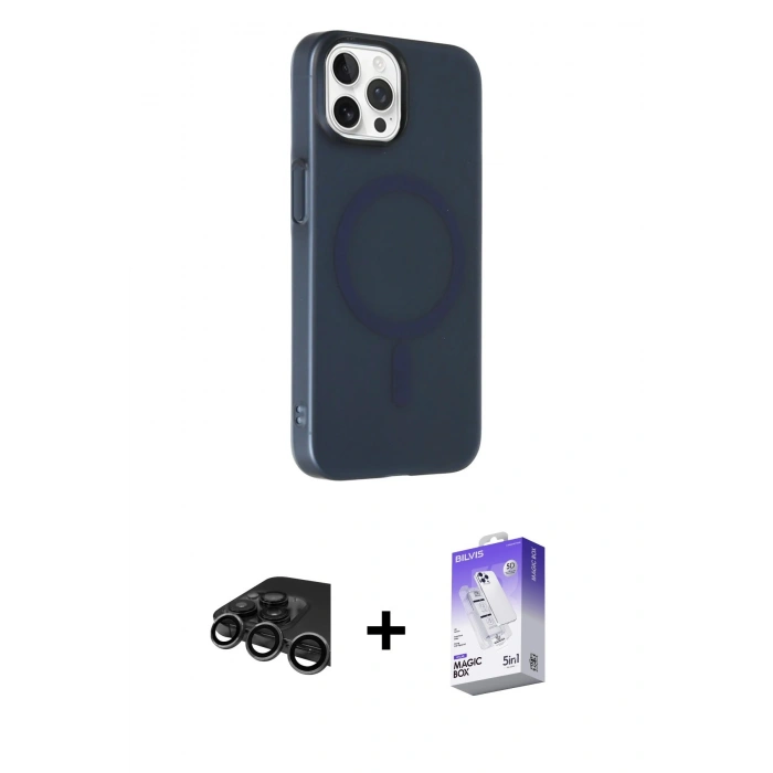 MARSİLYAN™- iPhone 15 Pro Max Kılıf Çekirdek Modern Prime - Siyah Bilvis 5in1 3D Magic Cam Ekran Koruyucu + Titanyum Gri Raze Metal Kamera Lens