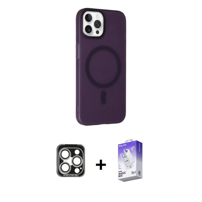 MARSİLYAN™- iPhone 15 Pro Max Kılıf Çekirdek Modern Prime - Siyah Bilvis 5in1 3D Magic Cam Ekran Koruyucu + PVD Metal Kamera Lens - GS