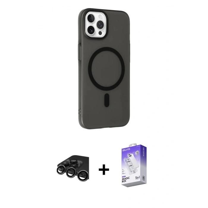 MARSİLYAN™- iPhone 15 Pro Max Kılıf Çekirdek Modern Prime - Siyah Bilvis 5in1 3D Magic Cam Ekran Koruyucu + Titanyum Gri Raze Metal Kamera Lens