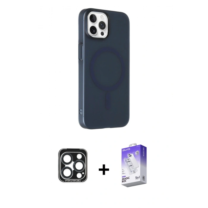 MARSİLYAN™- iPhone 15 Pro Max Kılıf Çekirdek Modern Prime - Siyah Bilvis 5in1 3D Magic Cam Ekran Koruyucu + Lacivert PVD Metal Kamera Lens