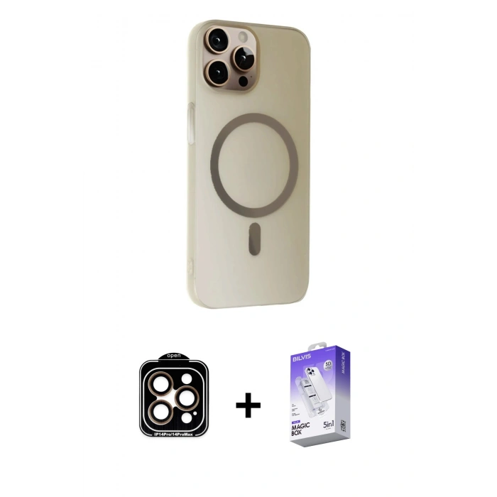 MARSİLYAN™- iPhone 15 Pro Max Kılıf Çekirdek Modern Prime - Siyah Bilvis 5in1 3D Magic Cam Ekran Koruyucu + PVD Metal Kamera Lens - TU