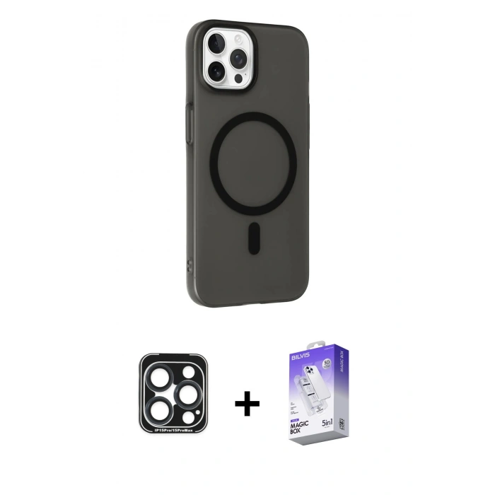 MARSİLYAN™- iPhone 15 Pro Max Kılıf Çekirdek Modern Prime - Siyah Bilvis 5in1 3D Magic Cam Ekran Koruyucu + Lacivert PVD Metal Kamera Lens