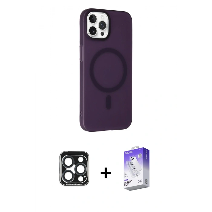 MARSİLYAN™- iPhone 15 Pro Max Kılıf Çekirdek Modern Prime - Siyah Bilvis 5in1 3D Magic Cam Ekran Koruyucu + Lacivert PVD Metal Kamera Lens