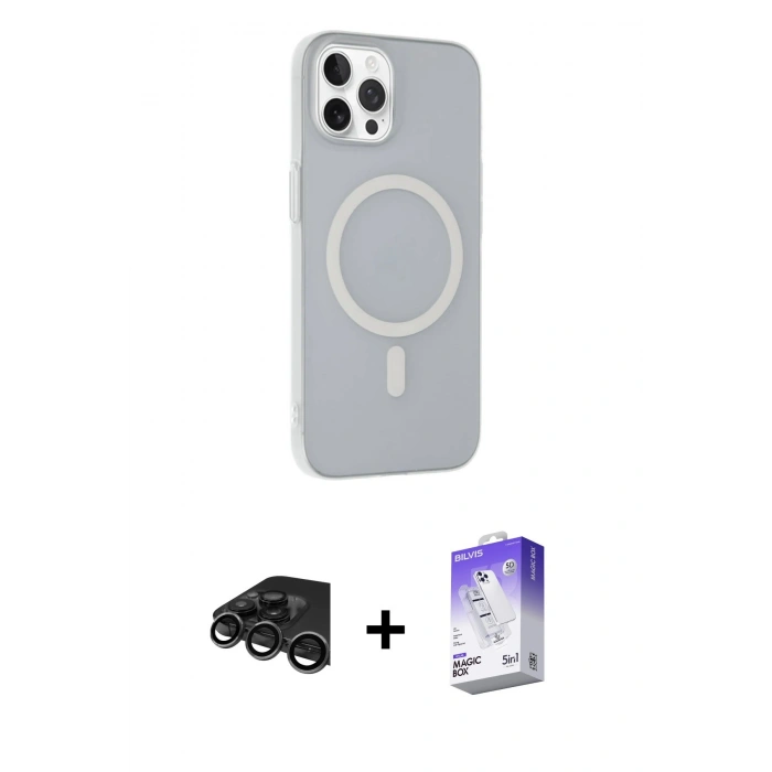 MARSİLYAN™- iPhone 15 Pro Max Kılıf Çekirdek Modern Prime - Siyah Bilvis 5in1 3D Magic Cam Ekran Koruyucu + Titanyum Gri Raze Metal Kamera Lens