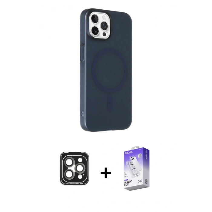 MARSİLYAN™- iPhone 15 Pro Max Kılıf Çekirdek Modern Prime - Siyah Bilvis 5in1 3D Magic Cam Ekran Koruyucu + PVD Metal Kamera Lens - GI