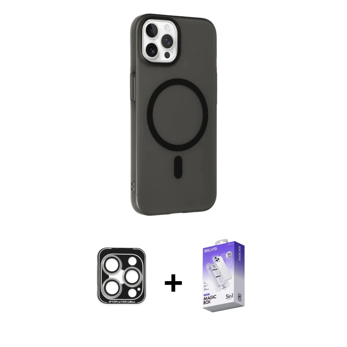 MARSİLYAN™- iPhone 15 Pro Max Kılıf Çekirdek Modern Prime - Siyah Bilvis 5in1 3D Magic Cam Ekran Koruyucu + PVD Metal Kamera Lens - GS