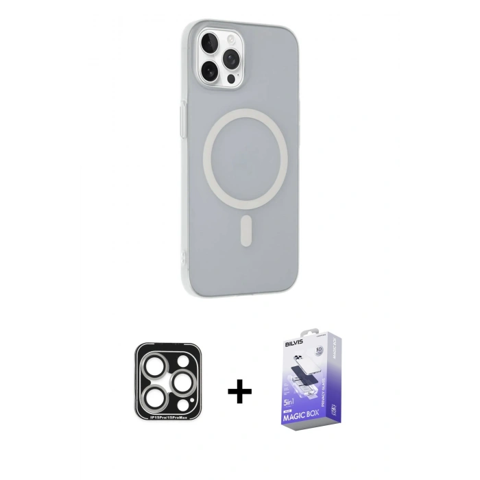 MARSİLYAN™- iPhone 15 Pro Max Kılıf Çekirdek Modern Prime - Siyah Bilvis 5in1 5D Magic Hayalet Cam Ekran Koruyucu + Gümüş PVD Metal Kamera Lens