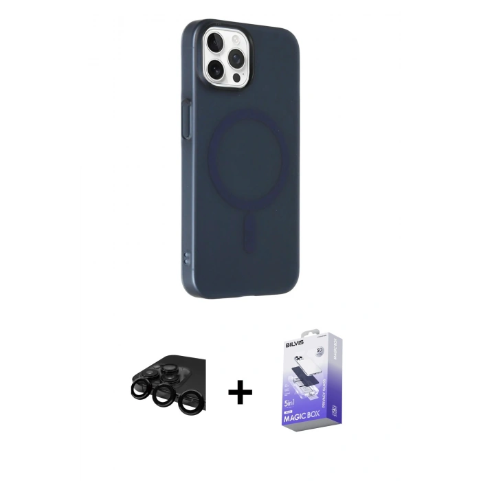 MARSİLYAN™- iPhone 15 Pro Max Kılıf Çekirdek Modern Prime - Siyah Bilvis 5in1 5D Magic Hayalet Cam Ekran Koruyucu + Raze Metal Kamera Lens - SH