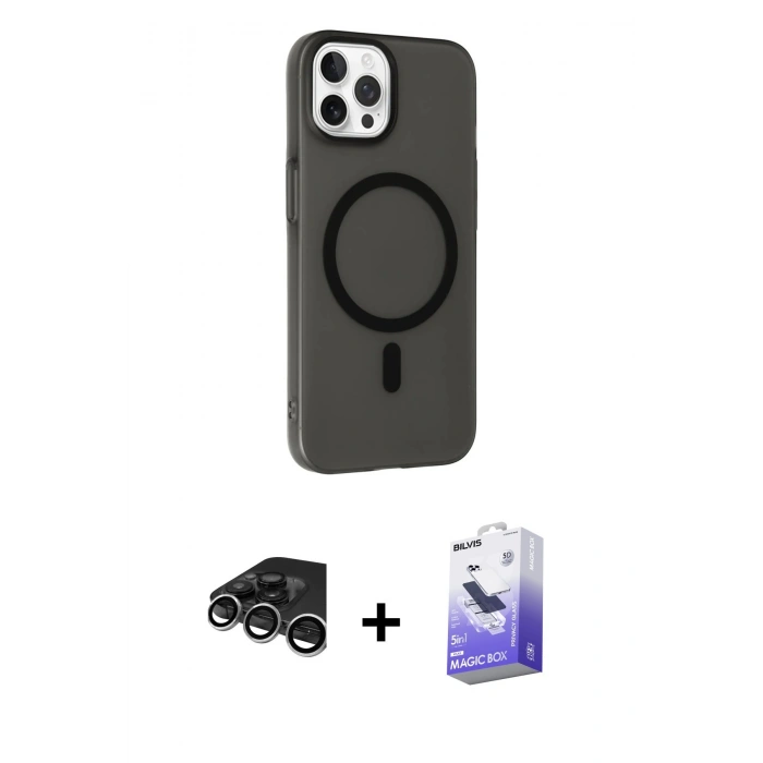 MARSİLYAN™- iPhone 15 Pro Max Kılıf Çekirdek Modern Prime - Siyah Bilvis 5in1 5D Magic Hayalet Cam Ekran Koruyucu + Raze Metal Kamera Lens - GS