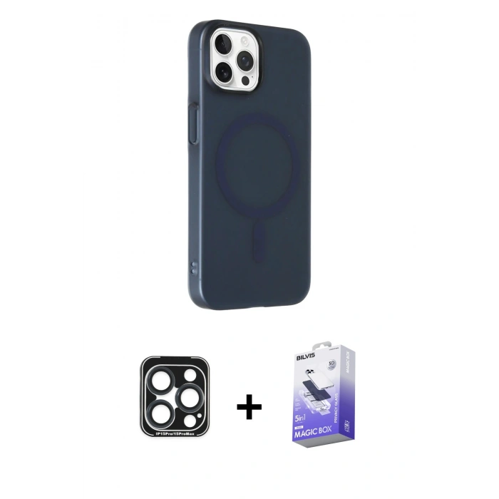 MARSİLYAN™- iPhone 15 Pro Max Kılıf Çekirdek Modern Prime - Siyah Bilvis 5in1 5D Magic Hayalet Cam Ekran Koruyucu + PVD Metal Kamera Lens - LT
