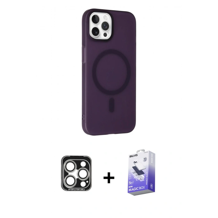 MARSİLYAN™- iPhone 15 Pro Max Kılıf Çekirdek Modern Prime - Siyah Bilvis 5in1 5D Magic Hayalet Cam Ekran Koruyucu + Gümüş PVD Metal Kamera Lens