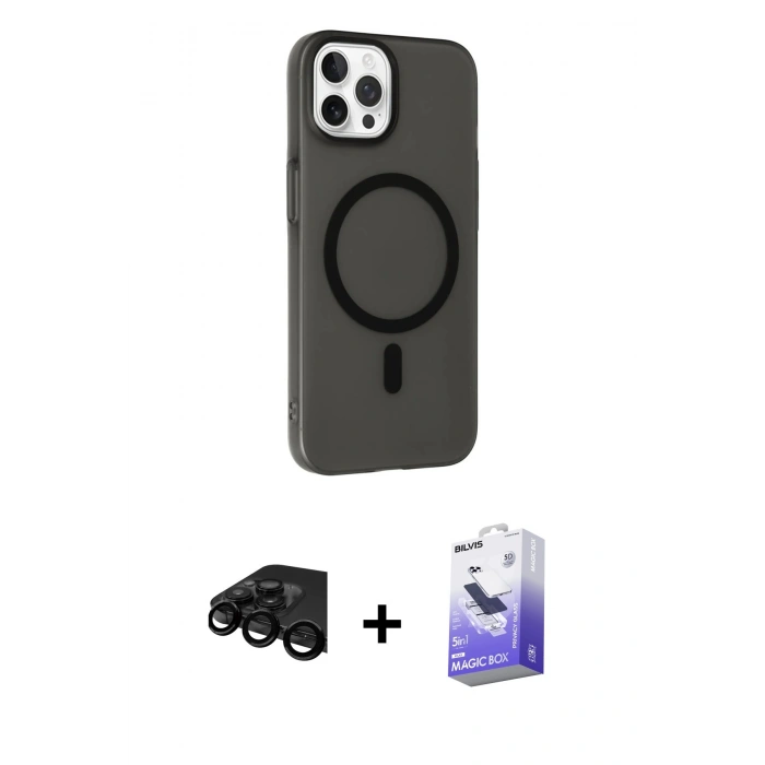 MARSİLYAN™- iPhone 15 Pro Max Kılıf Çekirdek Modern Prime - Siyah Bilvis 5in1 5D Magic Hayalet Cam Ekran Koruyucu + Raze Metal Kamera Lens - SH