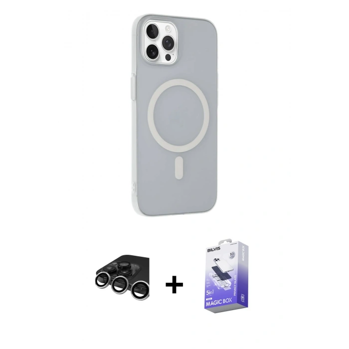 MARSİLYAN™- iPhone 15 Pro Max Kılıf Çekirdek Modern Prime - Siyah Bilvis 5in1 5D Magic Hayalet Cam Ekran Koruyucu + Raze Metal Kamera Lens - GS