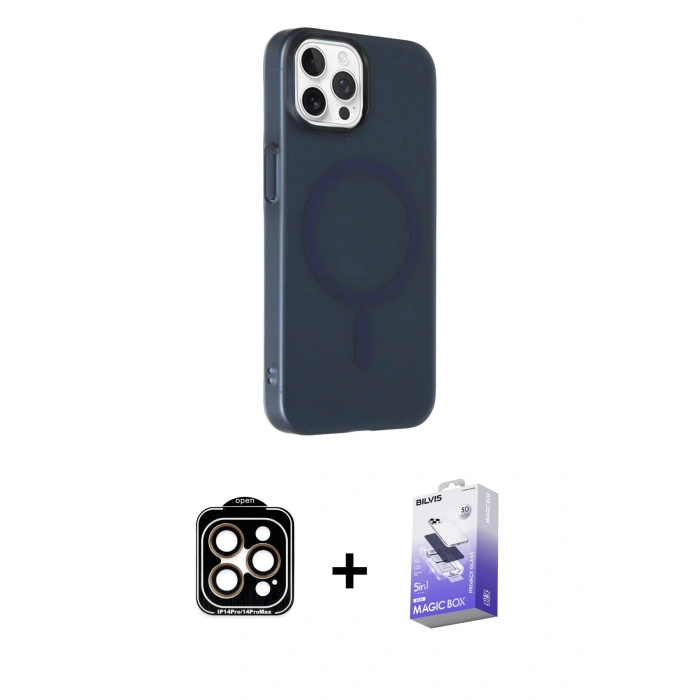MARSİLYAN™- iPhone 15 Pro Max Kılıf Çekirdek Modern Prime - Siyah Bilvis 5in1 5D Magic Hayalet Cam Ekran Koruyucu + PVD Metal Kamera Lens - TU