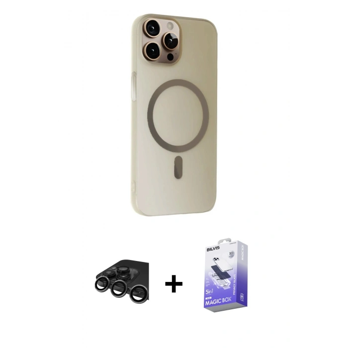 MARSİLYAN™- iPhone 15 Pro Max Kılıf Çekirdek Modern Prime - Siyah Bilvis 5in1 5D Magic Hayalet Cam Ekran Koruyucu + Raze Metal Kamera Lens - TMGI