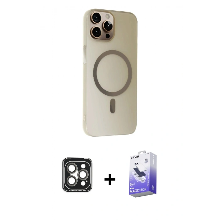 MARSİLYAN™- iPhone 15 Pro Max Kılıf Çekirdek Modern Prime - Siyah Bilvis 5in1 5D Magic Hayalet Cam Ekran Koruyucu + PVD Metal Kamera Lens - GI