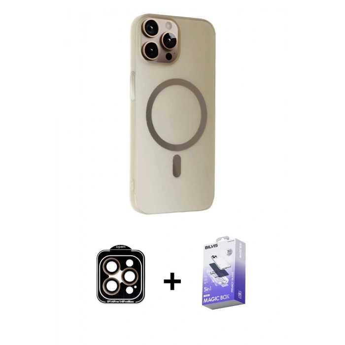 MARSİLYAN™- iPhone 15 Pro Max Kılıf Çekirdek Modern Prime - Siyah Bilvis 5in1 5D Magic Hayalet Cam Ekran Koruyucu + PVD Metal Kamera Lens - TU