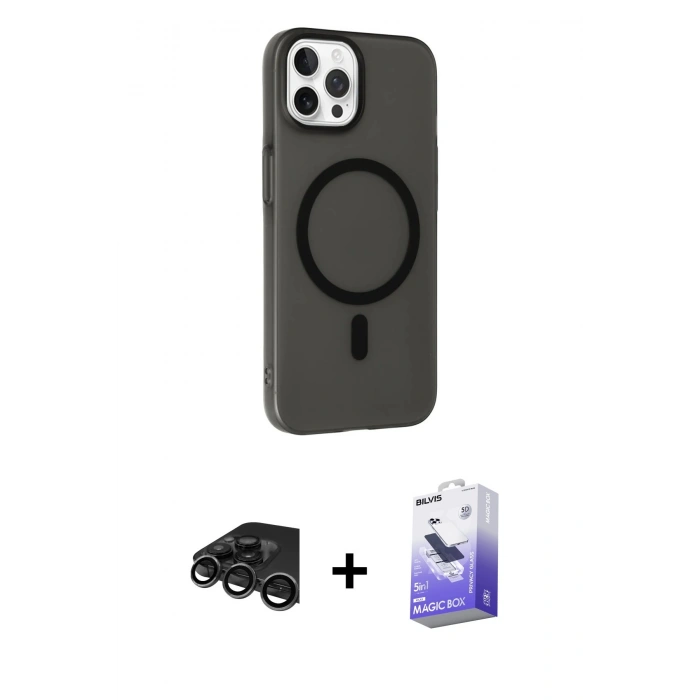 MARSİLYAN™- iPhone 15 Pro Max Kılıf Çekirdek Modern Prime - Siyah Bilvis 5in1 5D Magic Hayalet Cam Ekran Koruyucu + Raze Metal Kamera Lens - TMGI