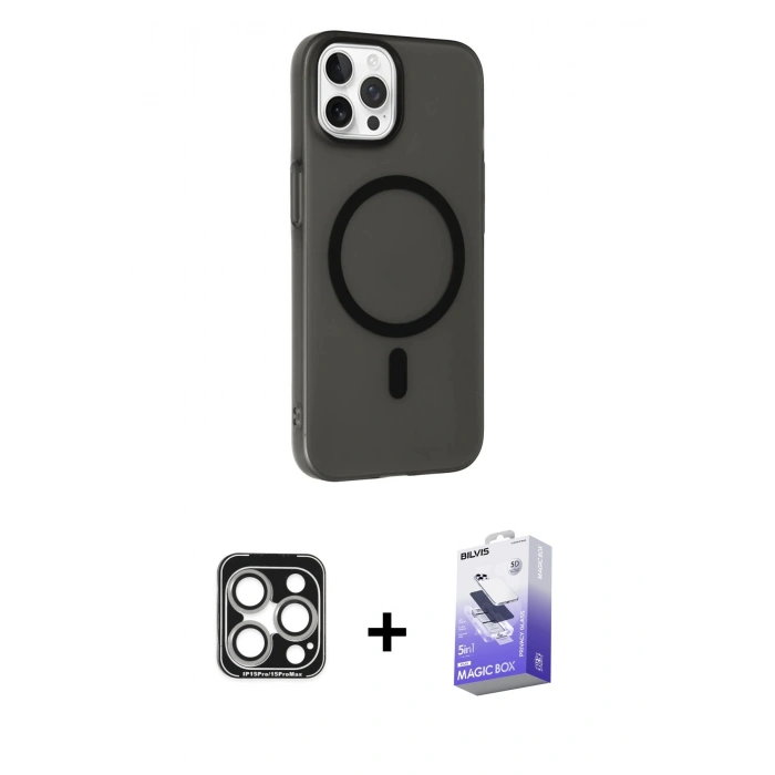 MARSİLYAN™- iPhone 15 Pro Max Kılıf Çekirdek Modern Prime - Siyah Bilvis 5in1 5D Magic Hayalet Cam Ekran Koruyucu + Gümüş PVD Metal Kamera Lens