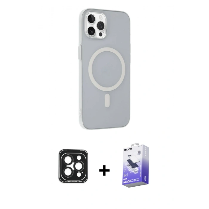 MARSİLYAN™- iPhone 15 Pro Max Kılıf Çekirdek Modern Prime - Siyah Bilvis 5in1 5D Magic Hayalet Cam Ekran Koruyucu + PVD Metal Kamera Lens - SH