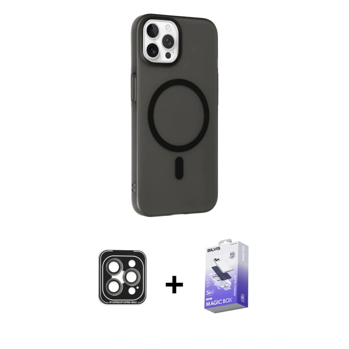 MARSİLYAN™- iPhone 15 Pro Max Kılıf Çekirdek Modern Prime - Siyah Bilvis 5in1 5D Magic Hayalet Cam Ekran Koruyucu + PVD Metal Kamera Lens - GI