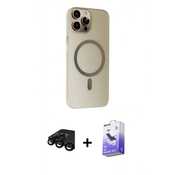 MARSİLYAN™- iPhone 15 Pro Max Kılıf Çekirdek Modern Prime - Siyah Bilvis 5in1 5D Magic Hayalet Cam Ekran Koruyucu + Raze Metal Kamera Lens - SH