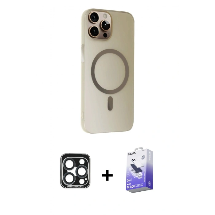 MARSİLYAN™- iPhone 15 Pro Max Kılıf Çekirdek Modern Prime - Siyah Bilvis 5in1 5D Magic Hayalet Cam Ekran Koruyucu + PVD Metal Kamera Lens - LT