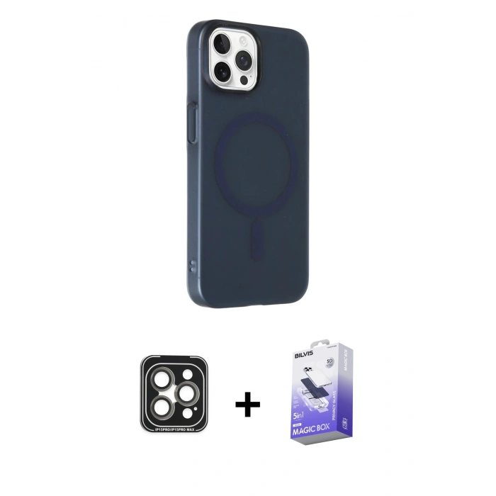 MARSİLYAN™- iPhone 15 Pro Max Kılıf Çekirdek Modern Prime - Siyah Bilvis 5in1 5D Magic Hayalet Cam Ekran Koruyucu + PVD Metal Kamera Lens - GI