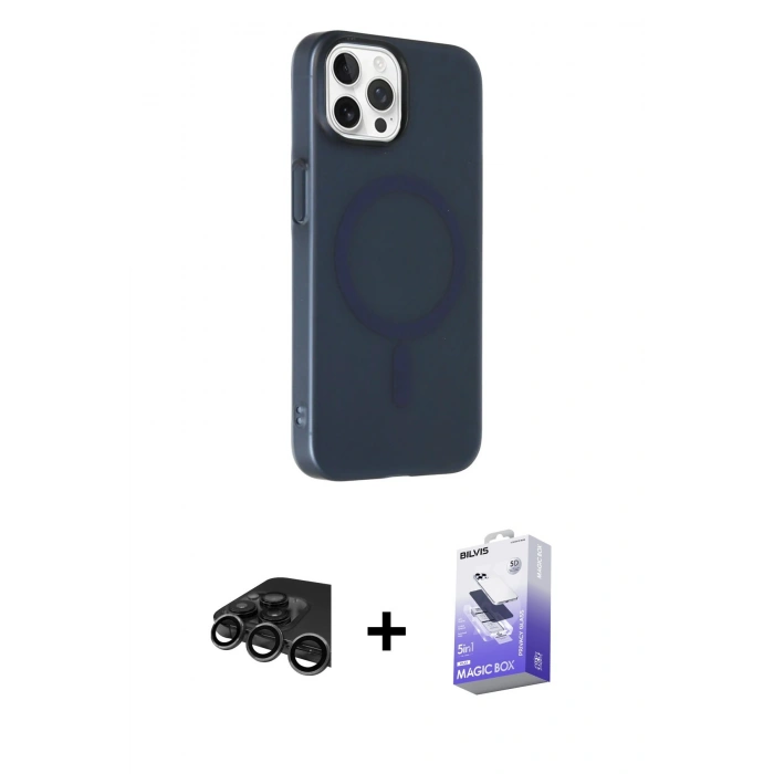 MARSİLYAN™- iPhone 15 Pro Max Kılıf Çekirdek Modern Prime - Siyah Bilvis 5in1 5D Magic Hayalet Cam Ekran Koruyucu + Raze Metal Kamera Lens - TMGI
