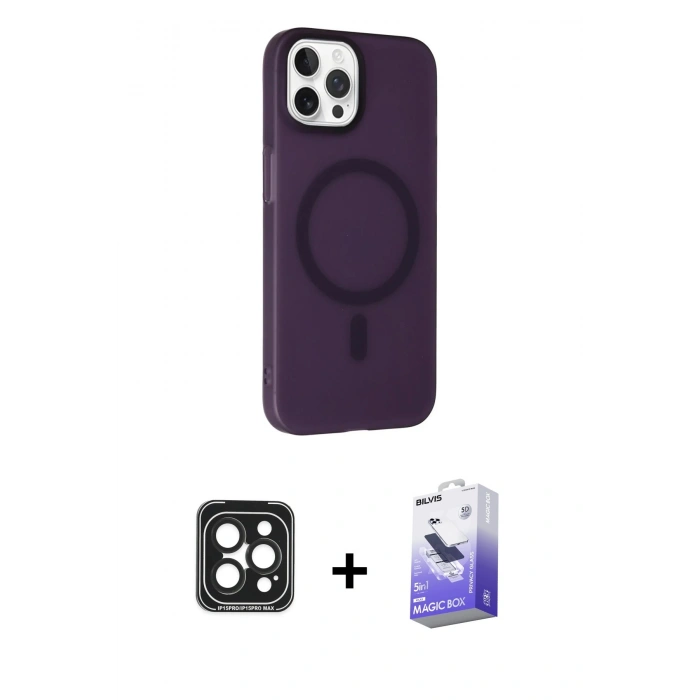 MARSİLYAN™- iPhone 15 Pro Max Kılıf Çekirdek Modern Prime - Siyah Bilvis 5in1 5D Magic Hayalet Cam Ekran Koruyucu + PVD Metal Kamera Lens - SH