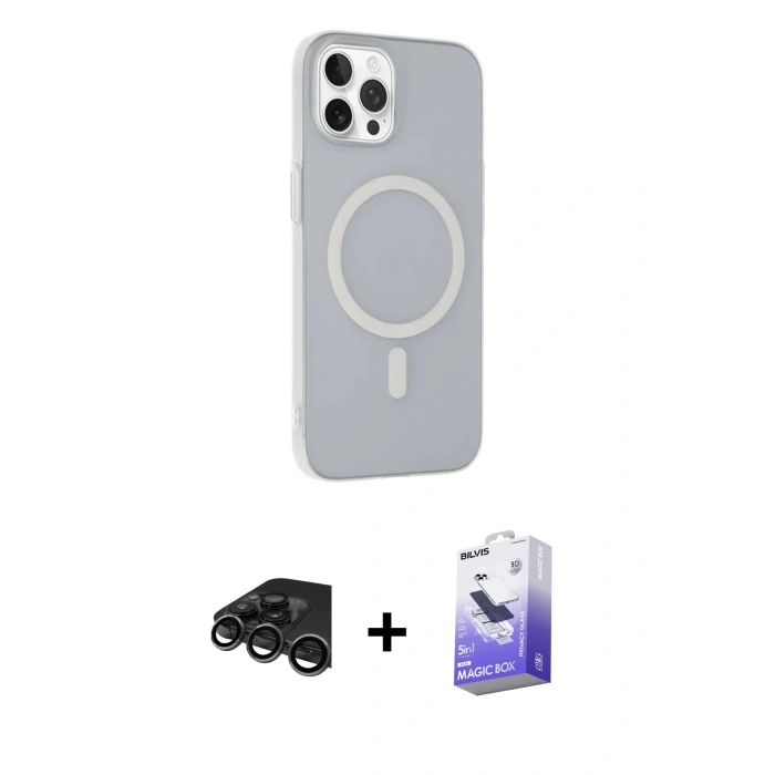MARSİLYAN™- iPhone 15 Pro Max Kılıf Çekirdek Modern Prime - Siyah Bilvis 5in1 5D Magic Hayalet Cam Ekran Koruyucu + Raze Metal Kamera Lens - TMGI