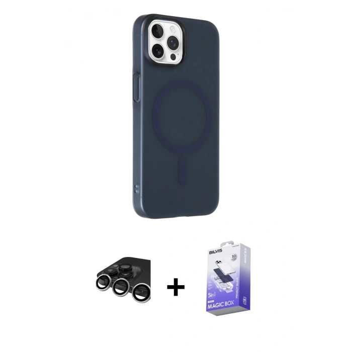 MARSİLYAN™- iPhone 15 Pro Max Kılıf Çekirdek Modern Prime - Siyah Bilvis 5in1 5D Magic Hayalet Cam Ekran Koruyucu + Raze Metal Kamera Lens - GS