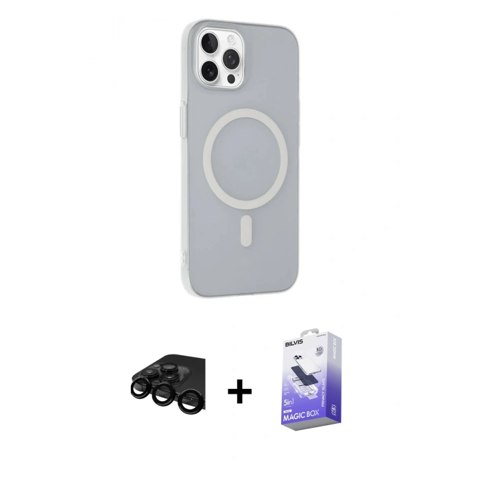 MARSİLYAN™- iPhone 15 Pro Max Kılıf Çekirdek Modern Prime - Siyah Bilvis 5in1 5D Magic Hayalet Cam Ekran Koruyucu + Raze Metal Kamera Lens - SH