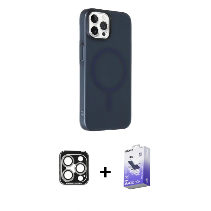 MARSİLYAN™- iPhone 15 Pro Max Kılıf Çekirdek Modern Prime - Siyah Bilvis 5in1 5D Magic Hayalet Cam Ekran Koruyucu + Gümüş PVD Metal Kamera Lens