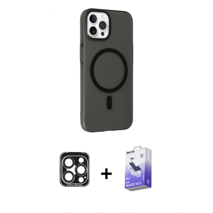 MARSİLYAN™- iPhone 15 Pro Max Kılıf Çekirdek Modern Prime - Siyah Bilvis 5in1 5D Magic Hayalet Cam Ekran Koruyucu + PVD Metal Kamera Lens - LT