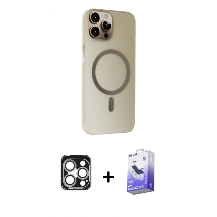 MARSİLYAN™- iPhone 15 Pro Max Kılıf Çekirdek Modern Prime - Siyah Bilvis 5in1 5D Magic Hayalet Cam Ekran Koruyucu + Gümüş PVD Metal Kamera Lens