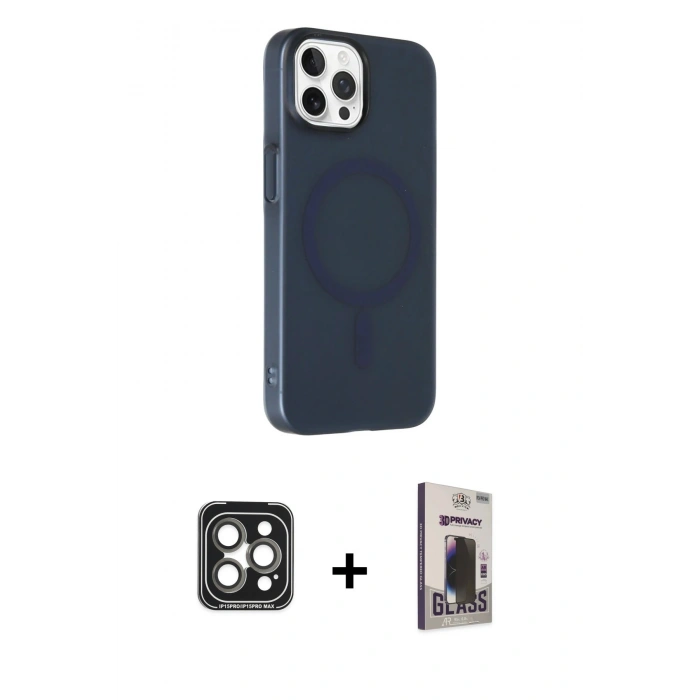 MARSİLYAN™- iPhone 15 Pro Max Kılıf Çekirdek Modern Prime - Siyah Bilvis Hayalet Cam Ekran Koruyucu + Gri PVD Metal Kamera Lens